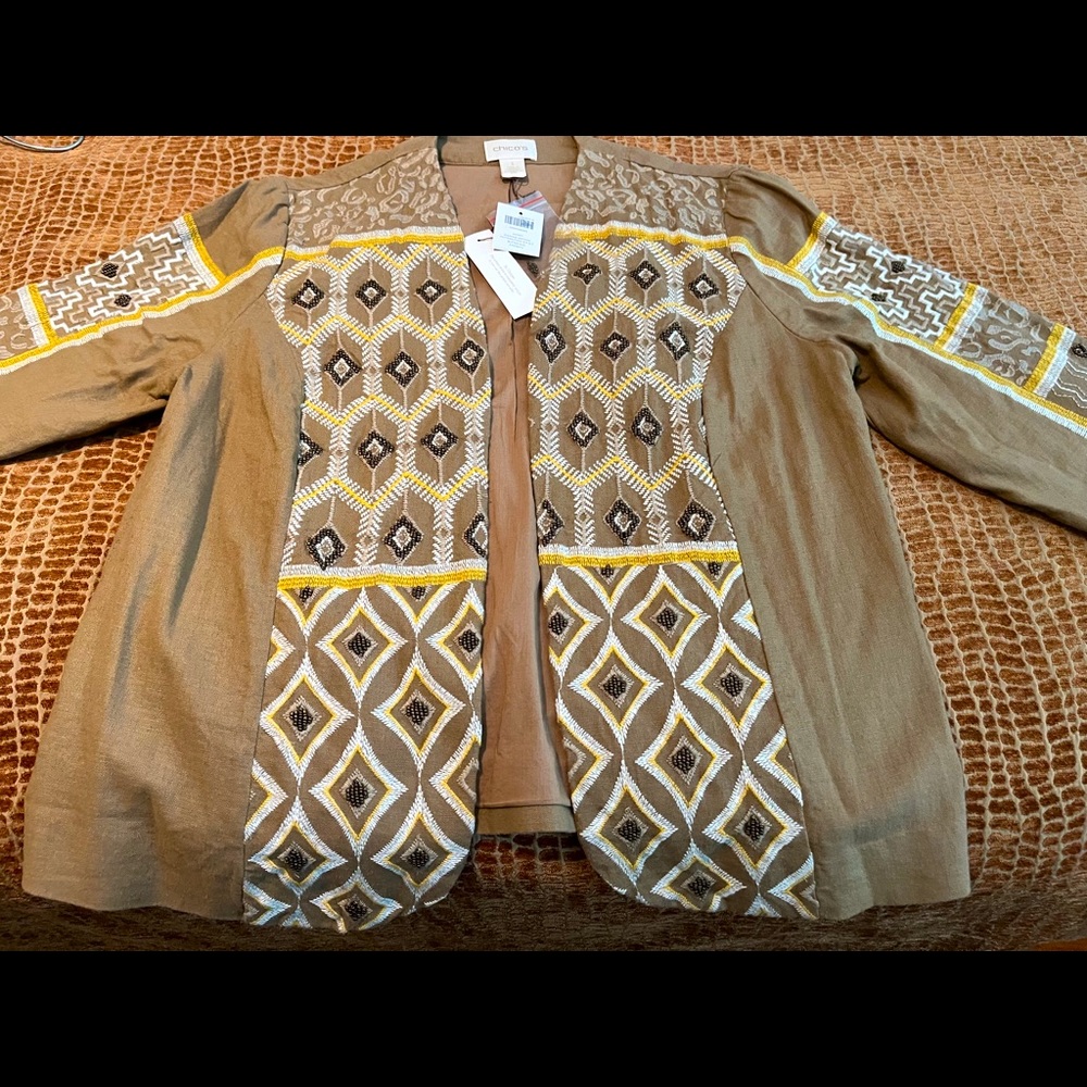 Beautiful Chico’s Artisan Embroidered Lined Linen Jacket